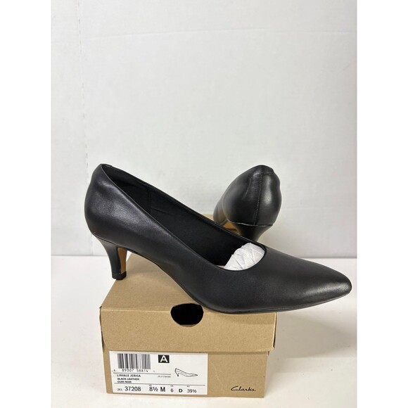 Clarks Women's Linvale Vena Pump Black Leather Kitten Heel Pointed Toe Sz 8.5M - Picture 1 of 6